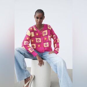 Zara Pink and Yellow Crocheted Knit Cardigan Limited Edition